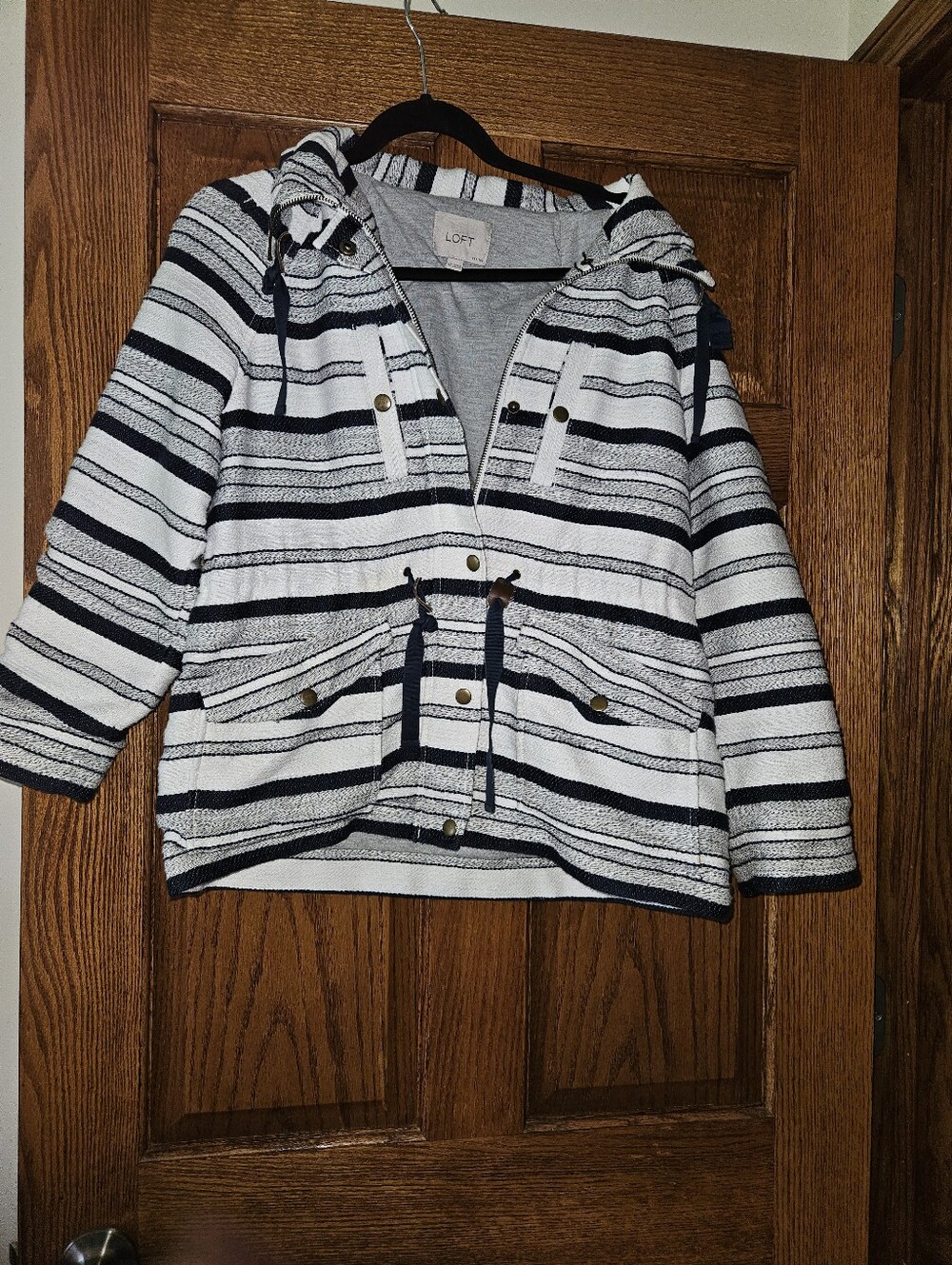 LOFT Womans Navy and White Striped Hooded Jacket